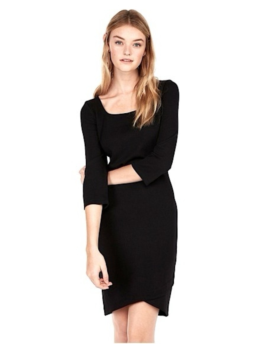 Express Black 3/4 Sleeve Scoop Neck Sheath Dress with Tulip Hem